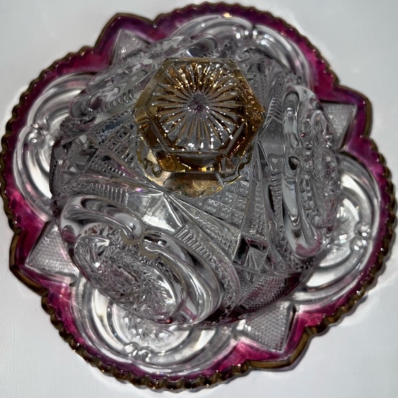 Antique EAPG Victoria Covered Butter Cheese‎ Dish Amethyst Gold Trim US Glass. - Picture 1 of 12